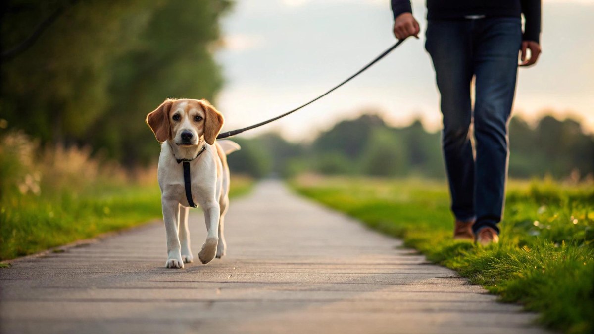 Dog walking calmly on leash outdoors