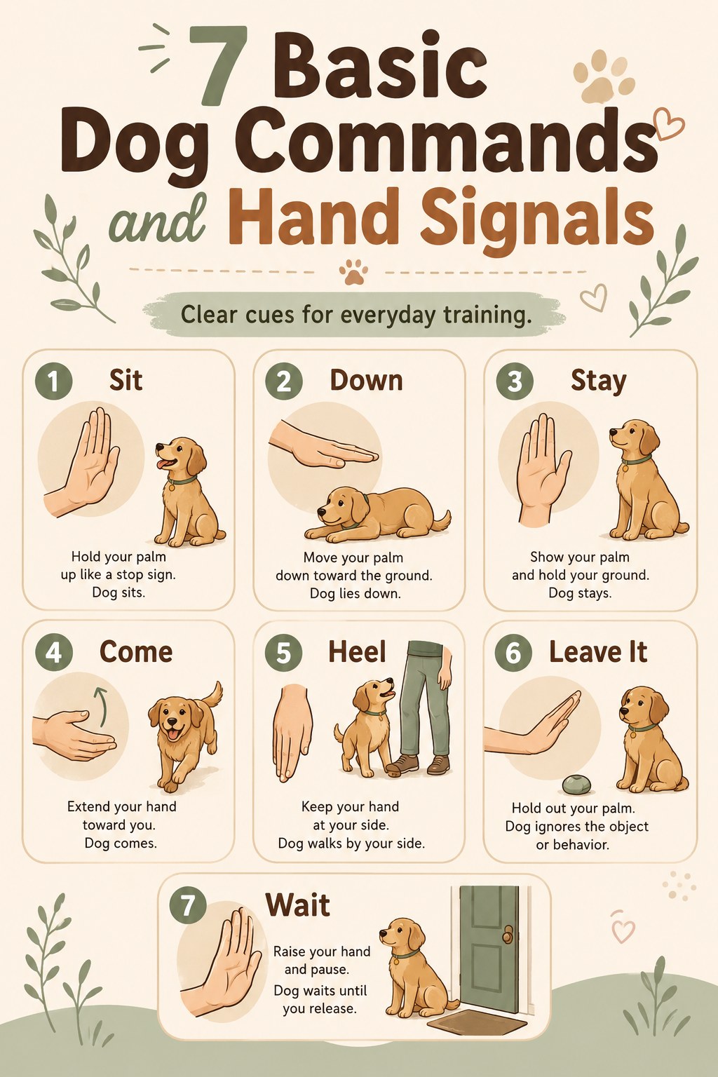Hand-signal reference chart for all 7 basic dog training commands