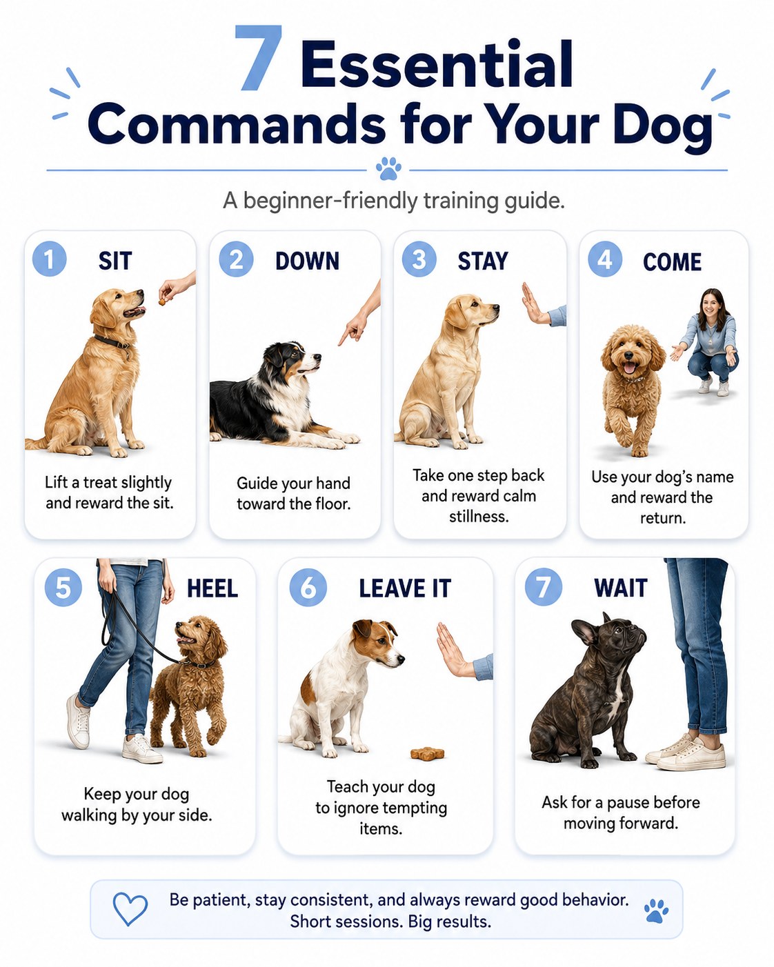 Beginner-friendly infographic covering 7 essential dog training commands with treat cues