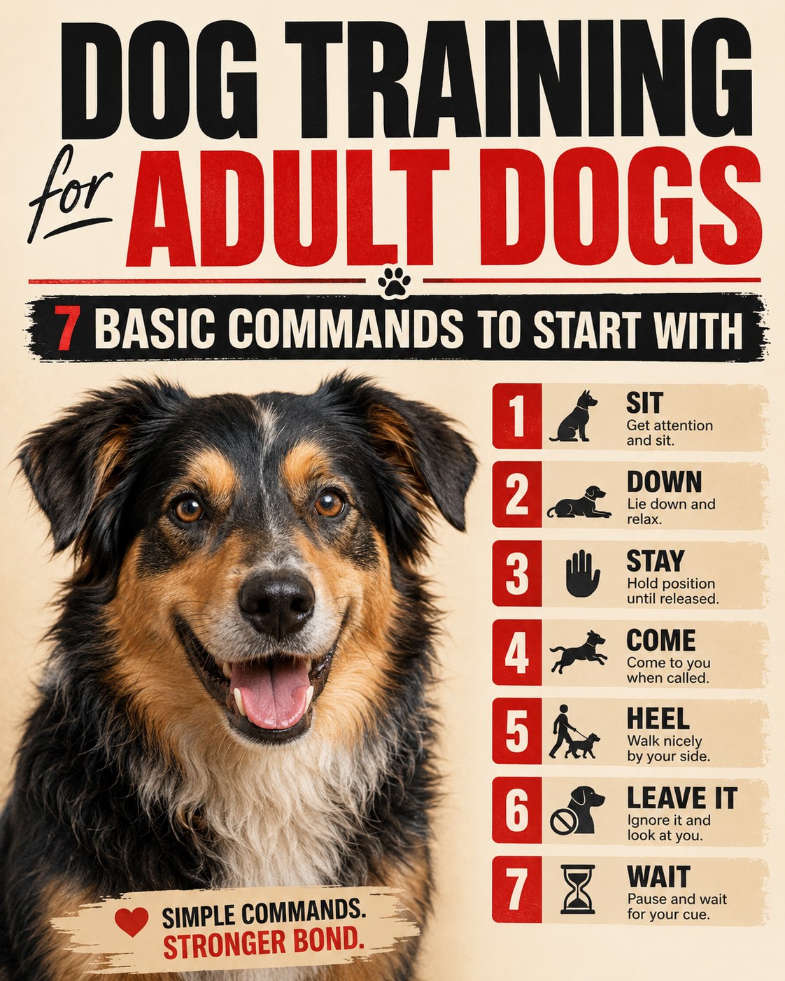 Adult-dog training poster listing 7 basic commands to build a stronger bond