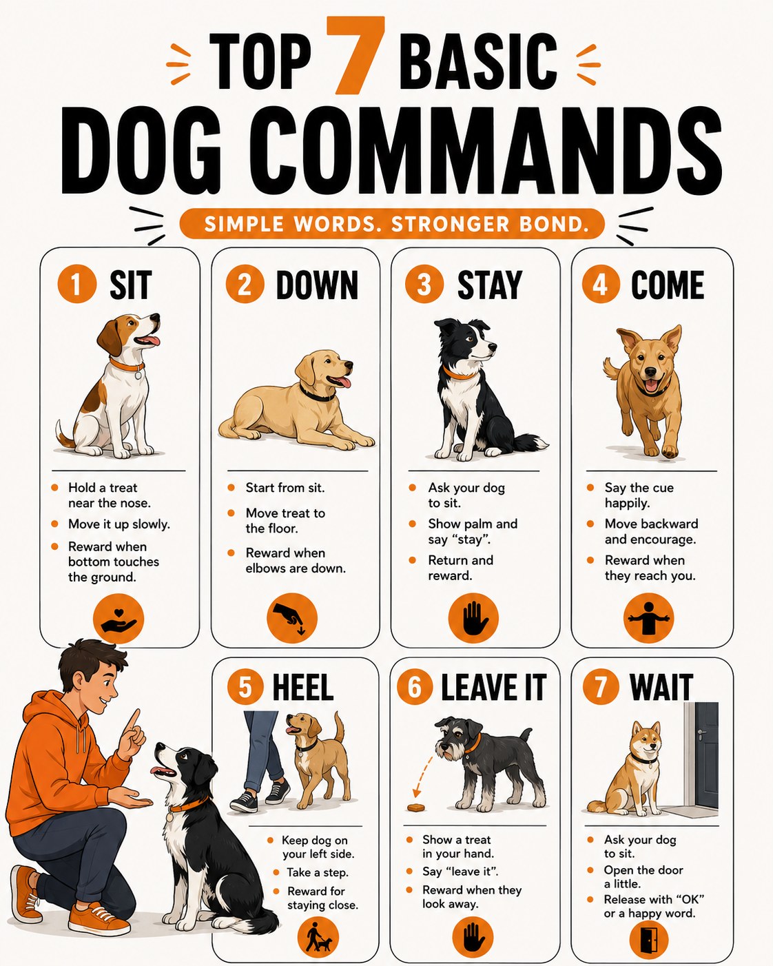 Step-by-step chart of the top 7 basic dog commands, from sit and down to leave it