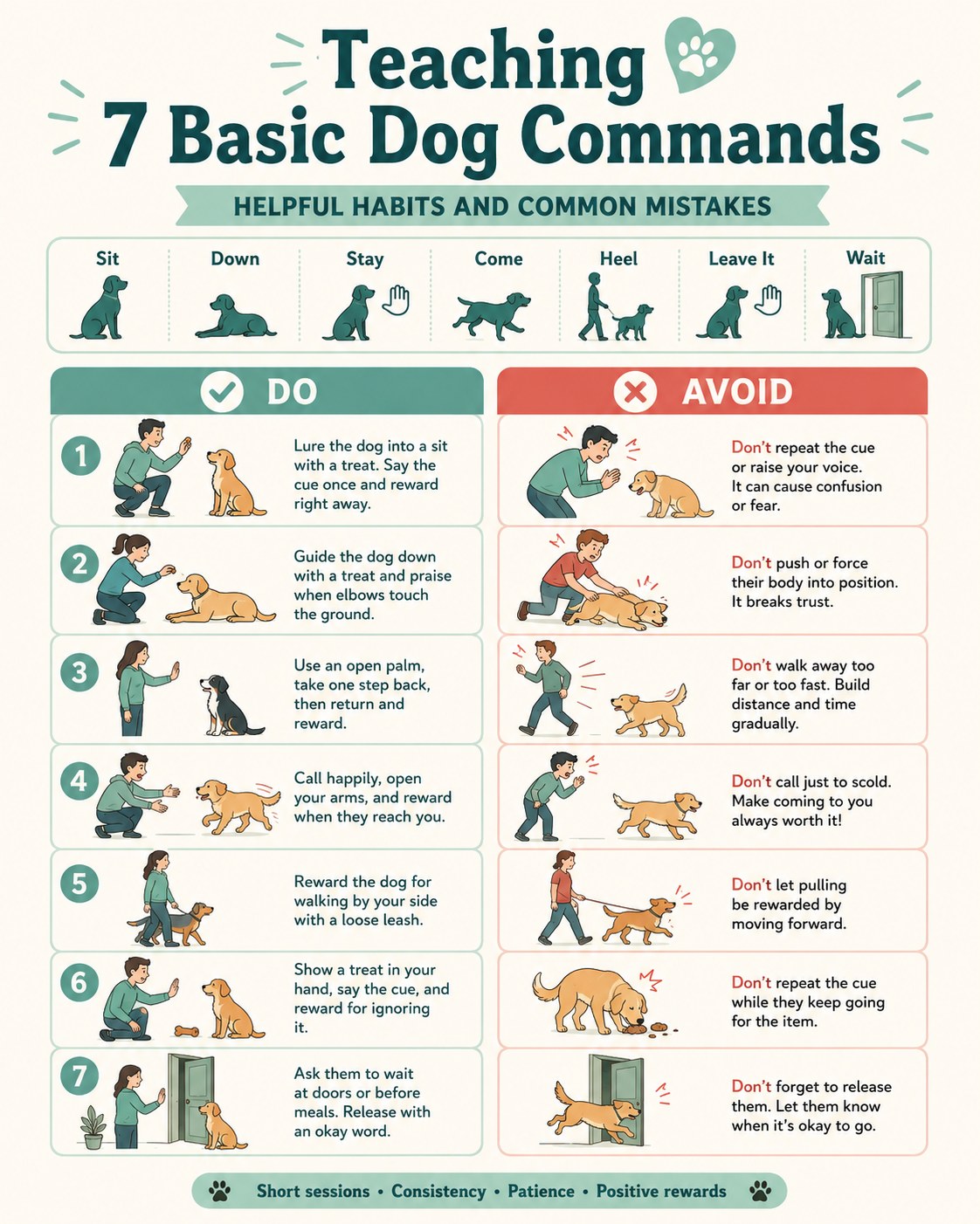 Do-and-avoid guide teaching 7 basic dog training commands the force-free way