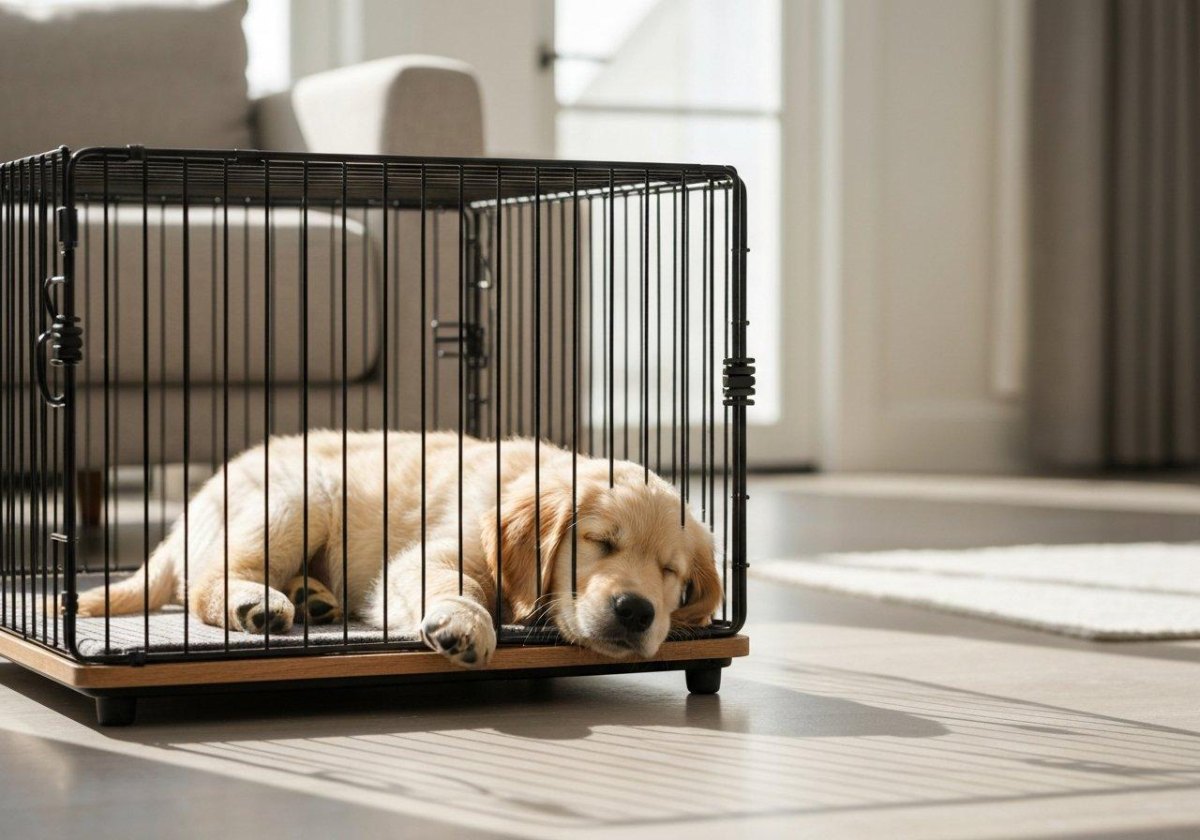 Sleeping puppy in crate at home
