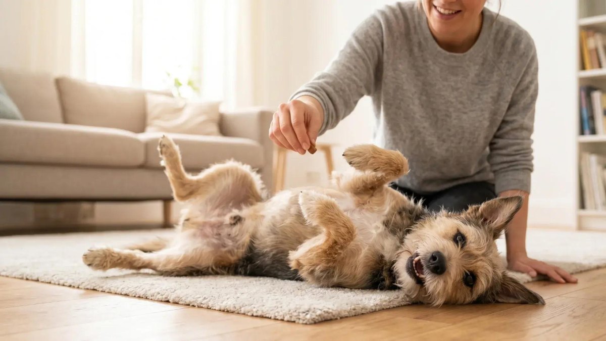 Dog confidently performing roll over trick