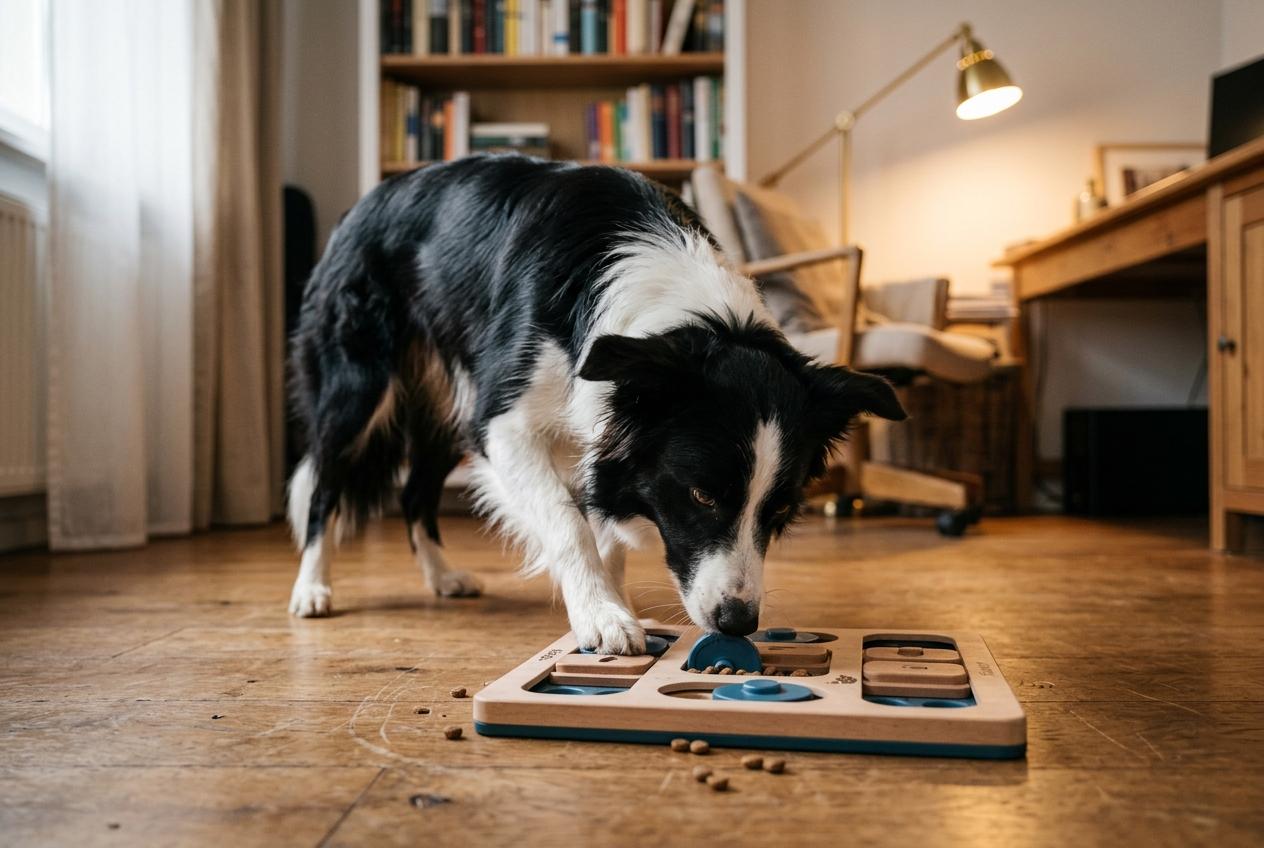 Dog using enrichment toy at home