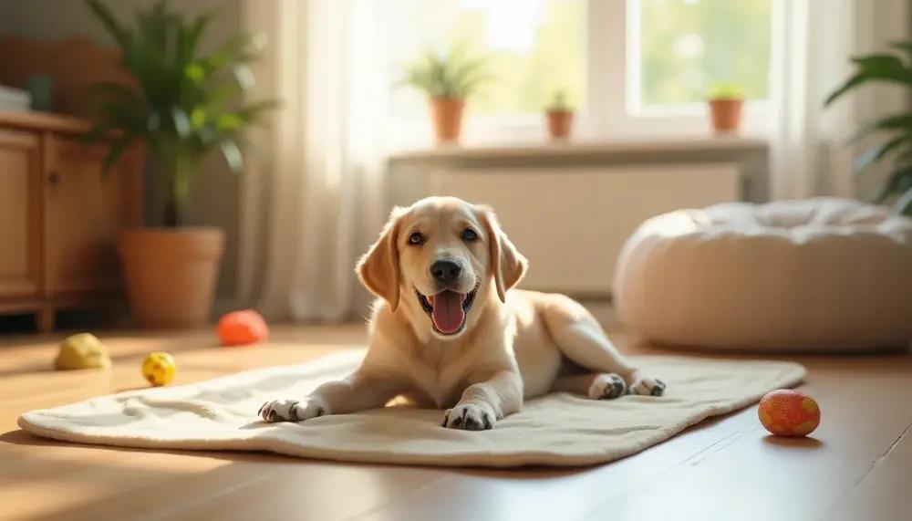 Trained puppy relaxing indoors