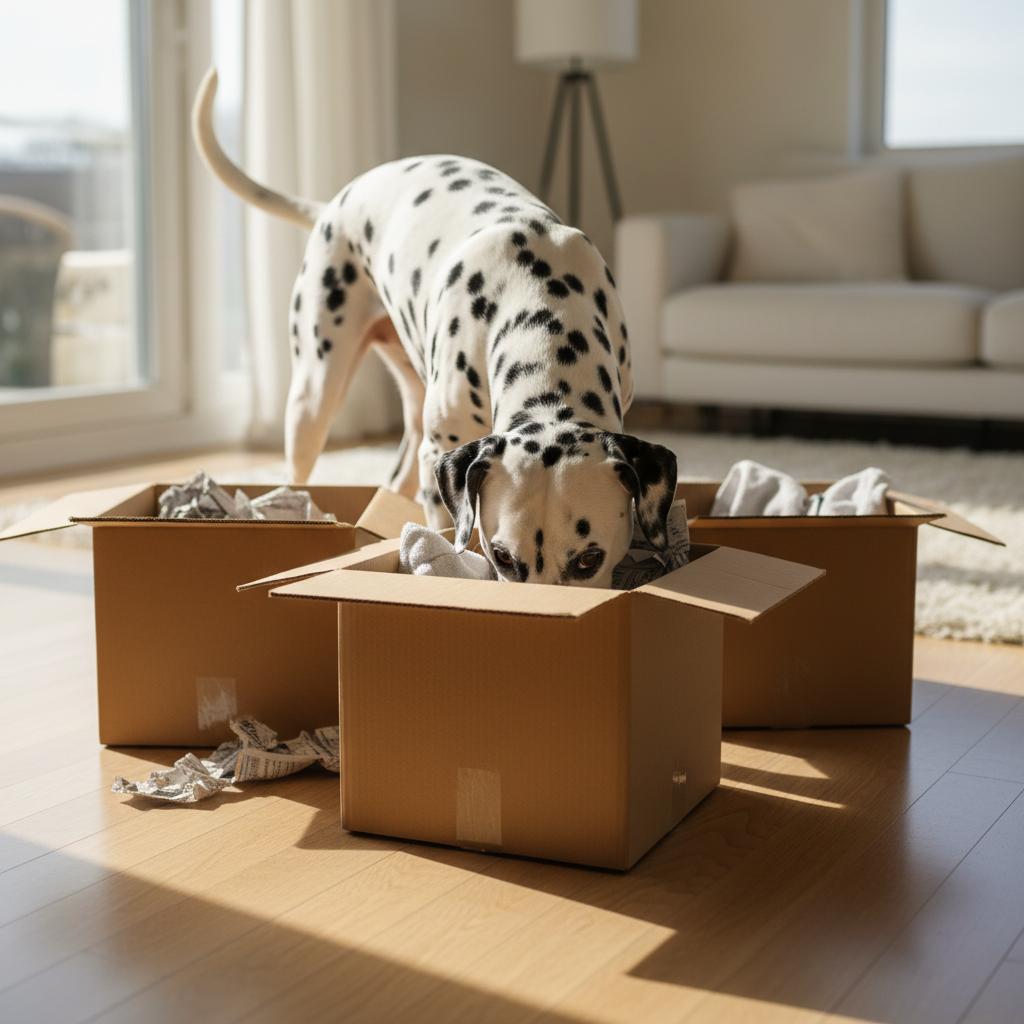 Dog exploring cardboard boxes