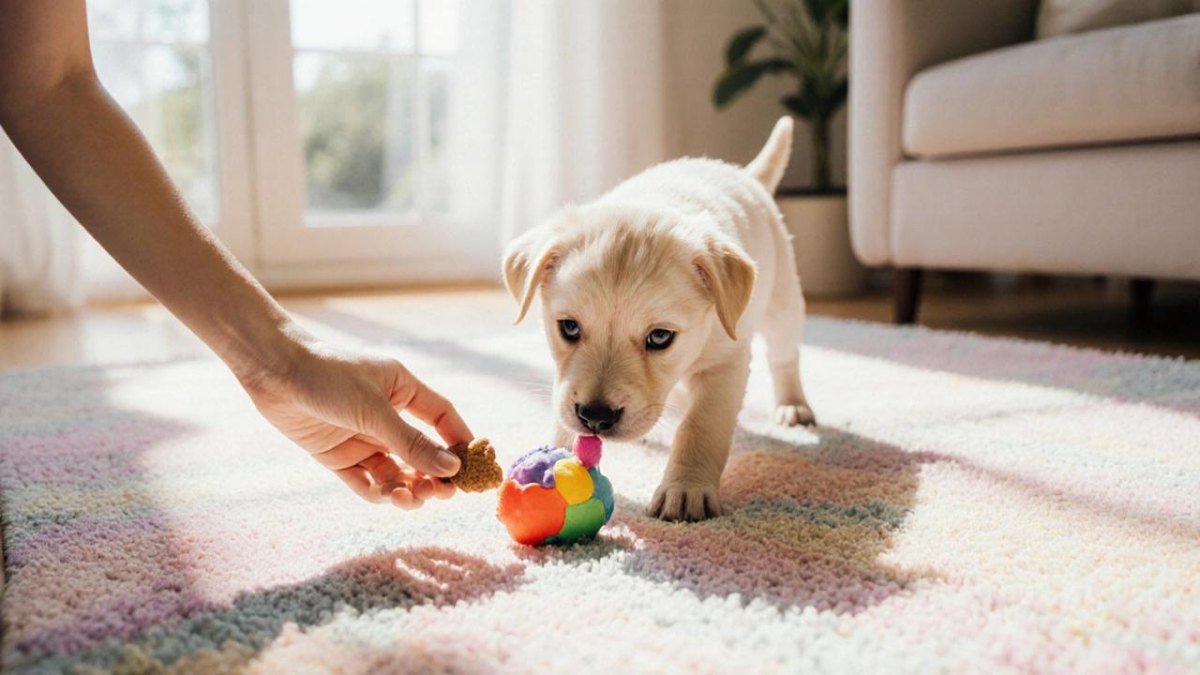 Puppy playing with enrichment toys