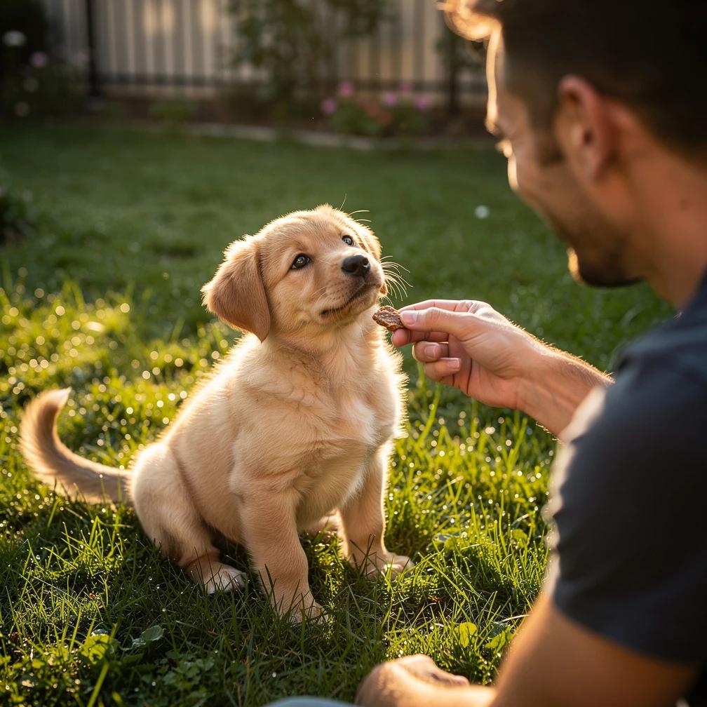 Puppy making eye contact with treats