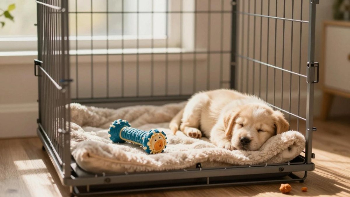 Puppy relaxing inside crate training area