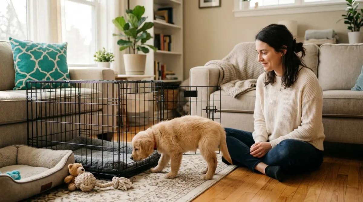 Owner gently introducing puppy crate