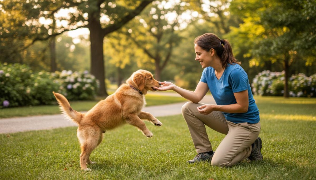 Playful puppy training session