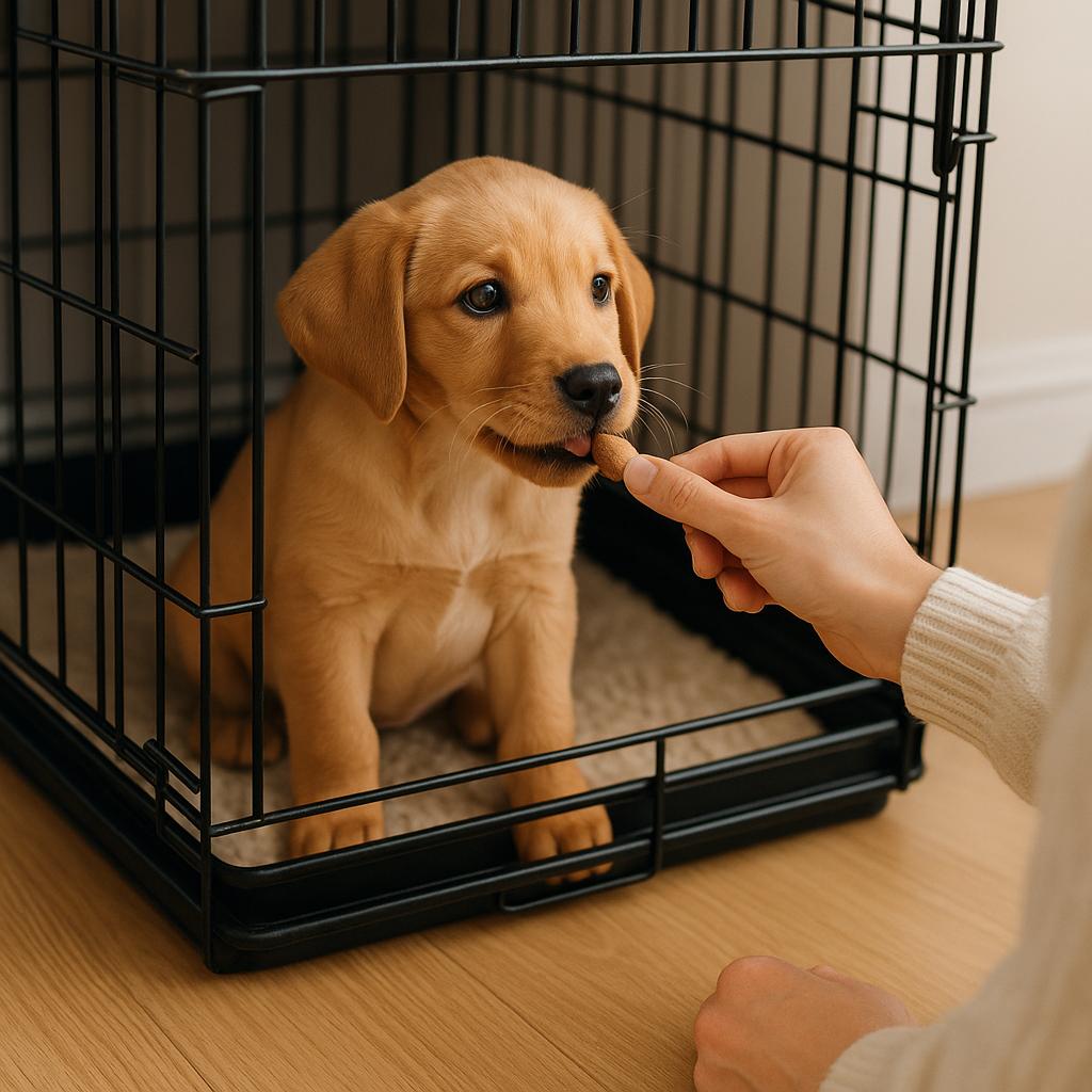 Puppy exploring crate happily