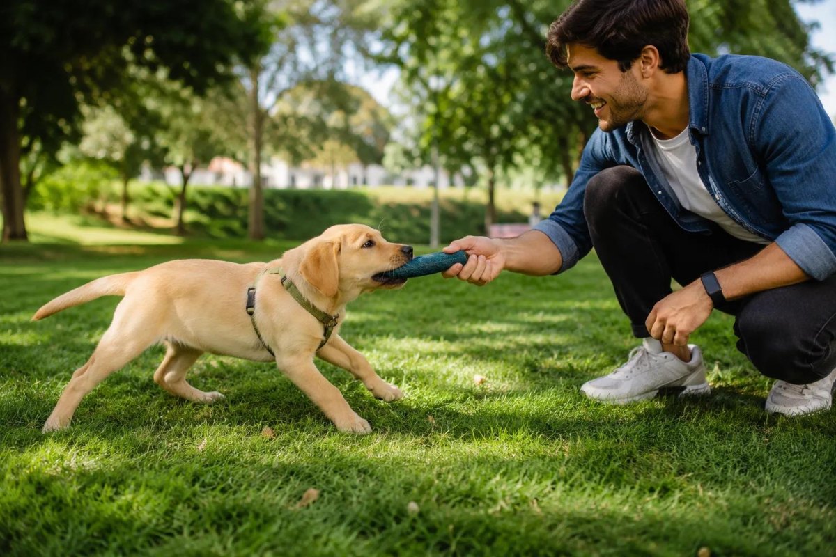 Puppy playing with owner outdoors