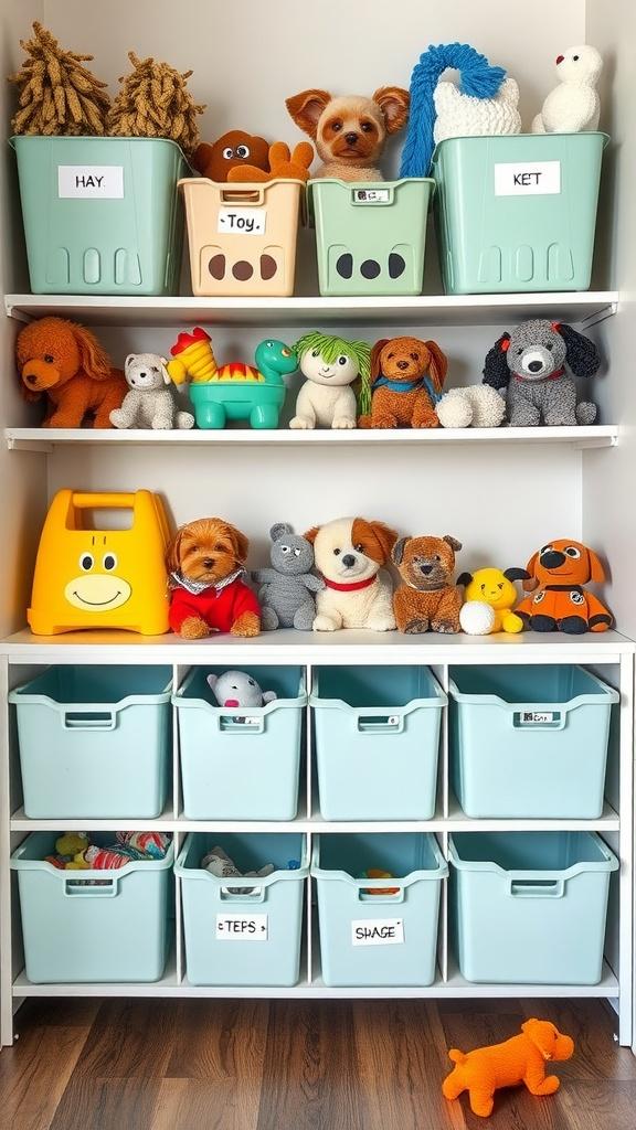 Organized puppy toys in storage bins