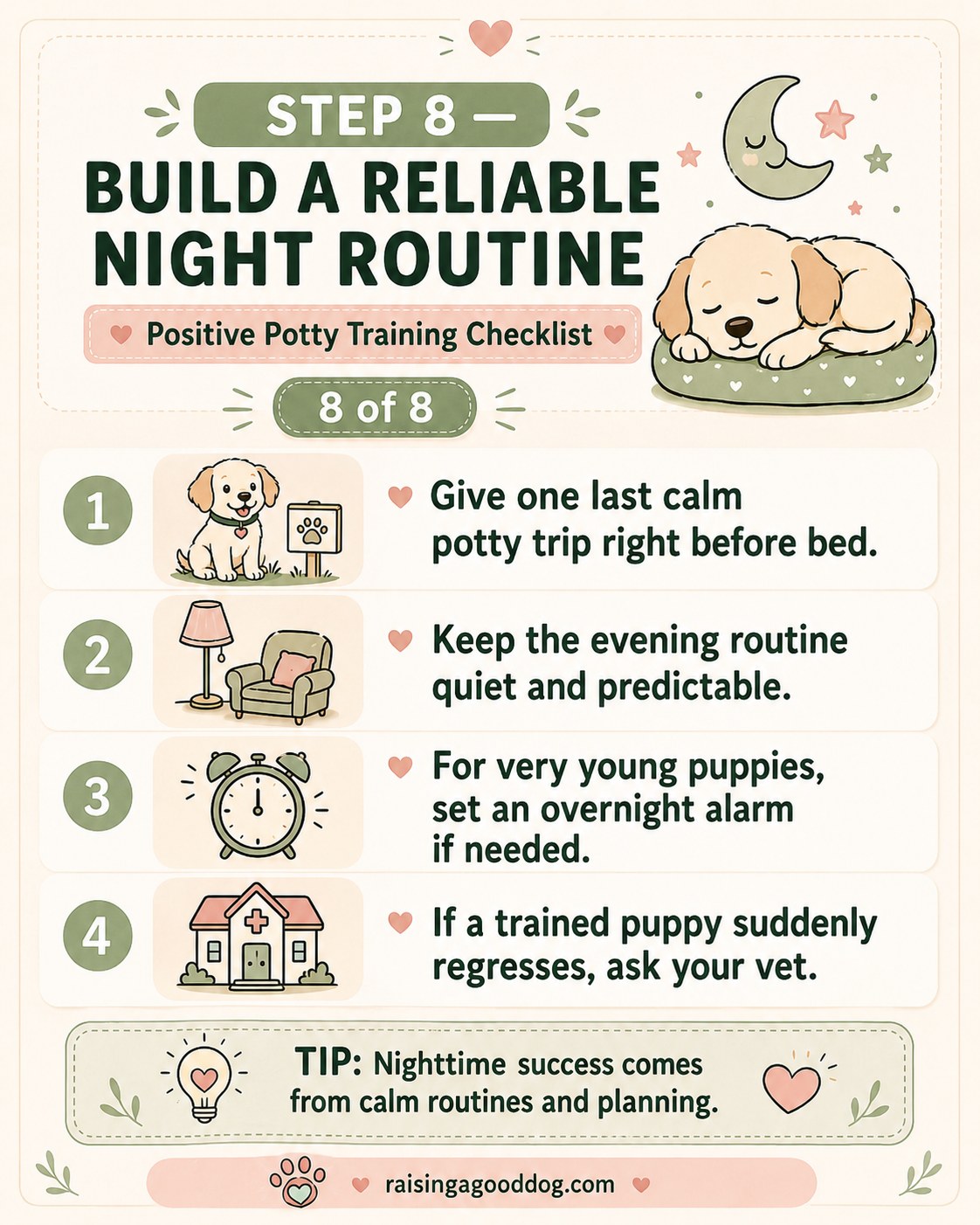 Step eight shows a sleeping puppy representing a reliable nighttime potty training routine.