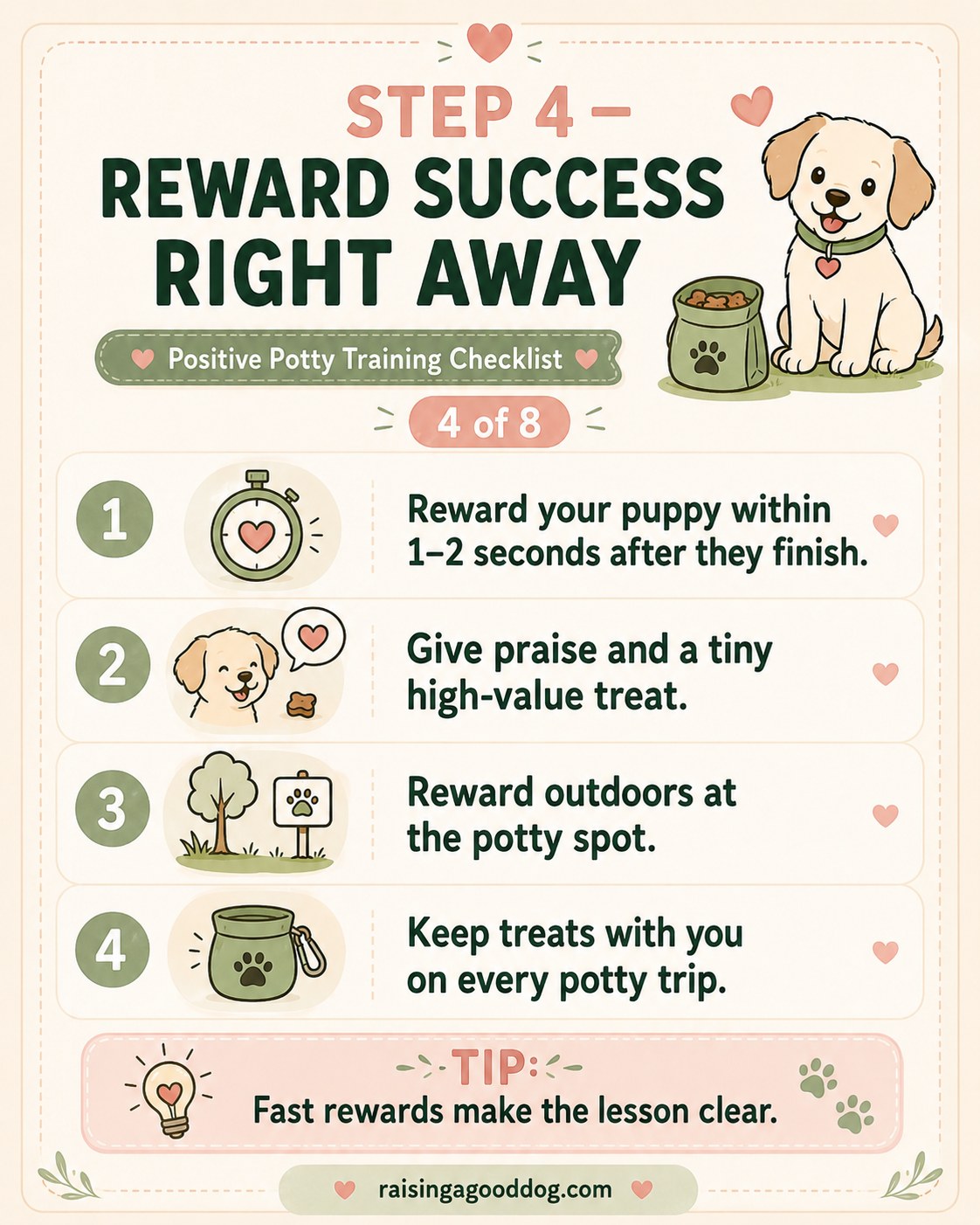 Step four shows rewarding a puppy with praise and a treat immediately after a successful potty trip.