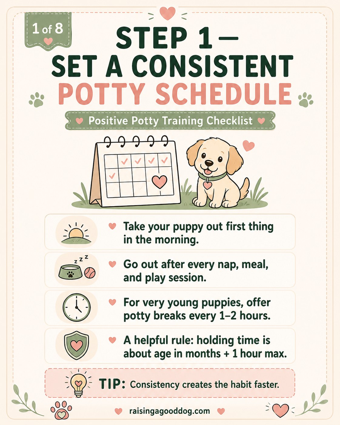 Step one of the potty training checklist showing a calendar for a consistent puppy potty schedule.