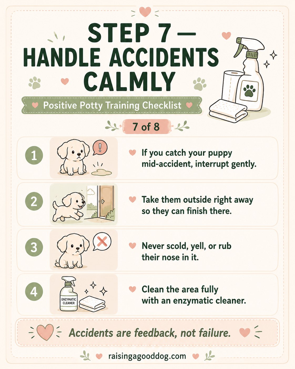 Step seven demonstrates cleaning a potty accident calmly with an enzymatic cleaner and no scolding.