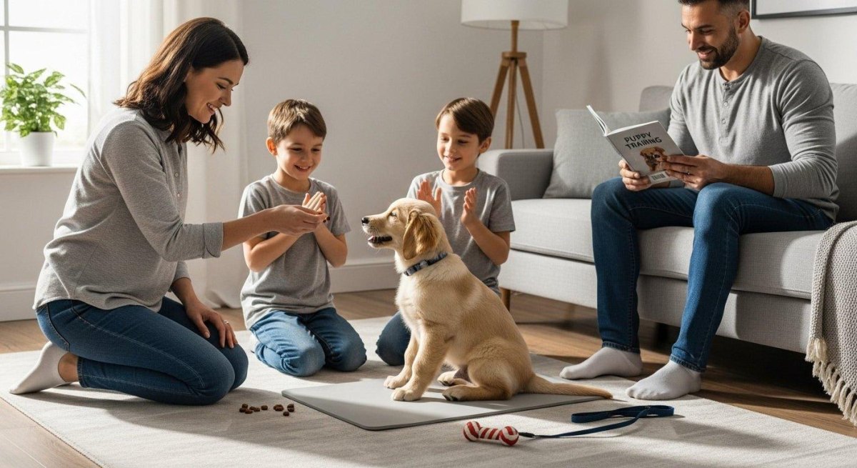 Family practicing calm puppy greeting