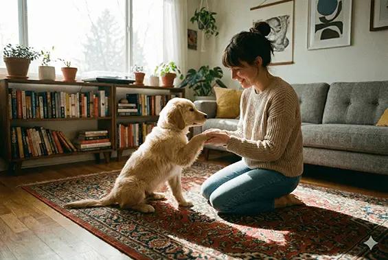 Puppy practicing tricks with owner