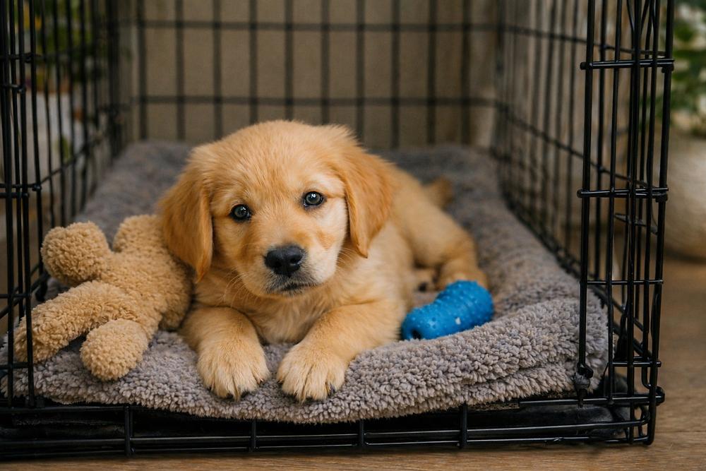 Puppy resting calmly inside crate