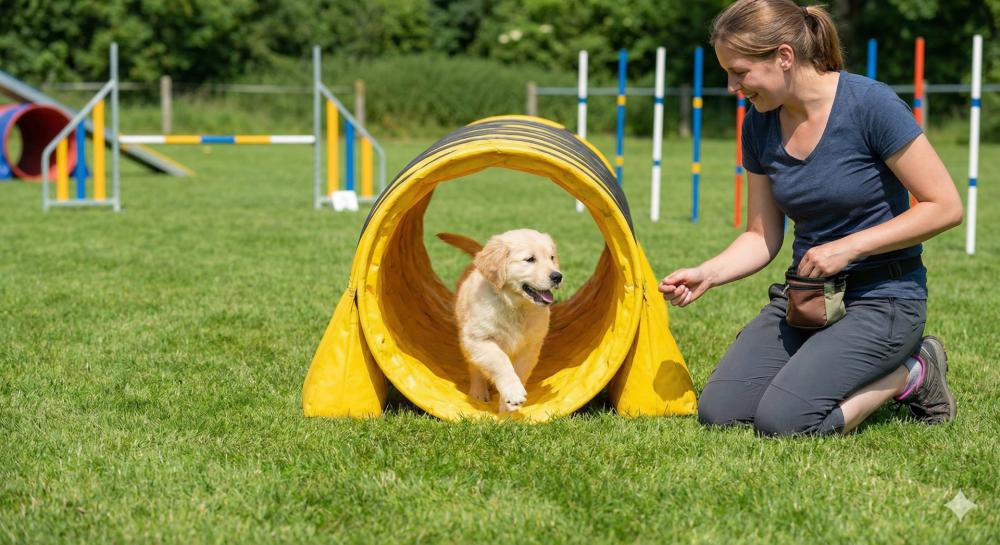 Puppy walking over small confidence obstacle