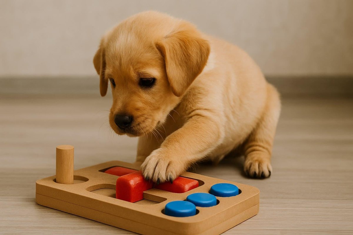 Puppy solving enrichment puzzle game