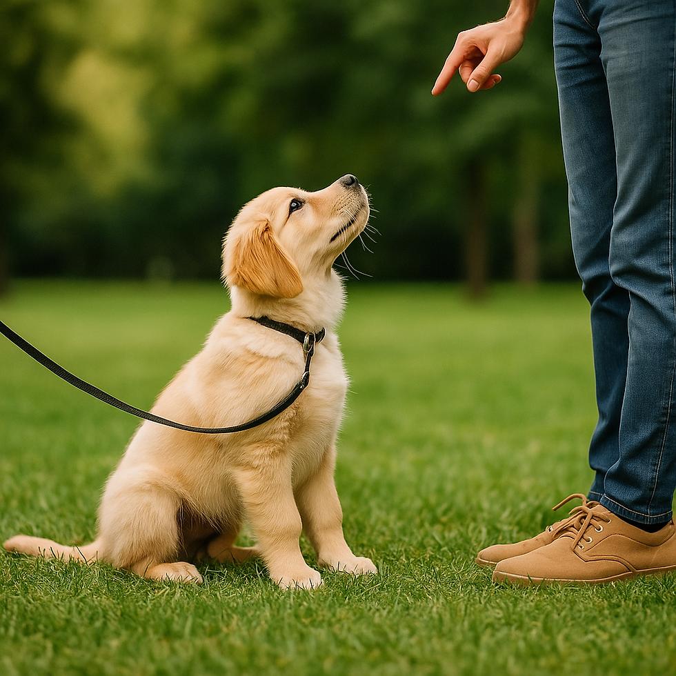 Puppy practicing quiet cue outdoors