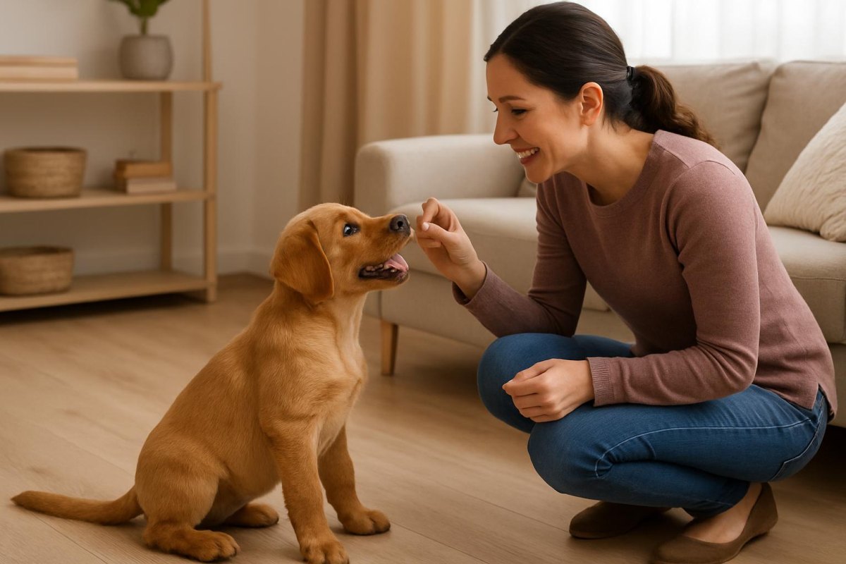 Owner redirecting puppy behavior
