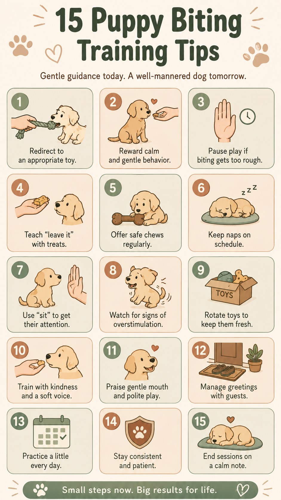 Detailed infographic covering fifteen puppy biting training tips from naps to toy rotation
