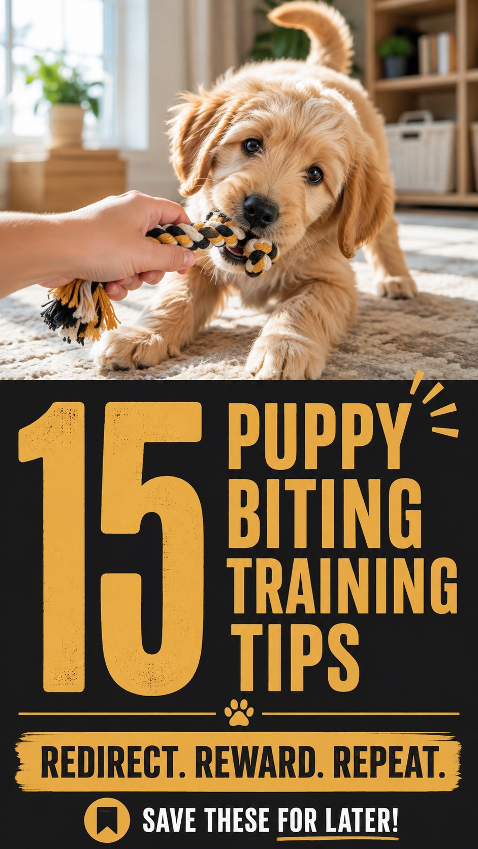 Puppy tugging a rope toy demonstrates the redirect-and-reward puppy biting training approach