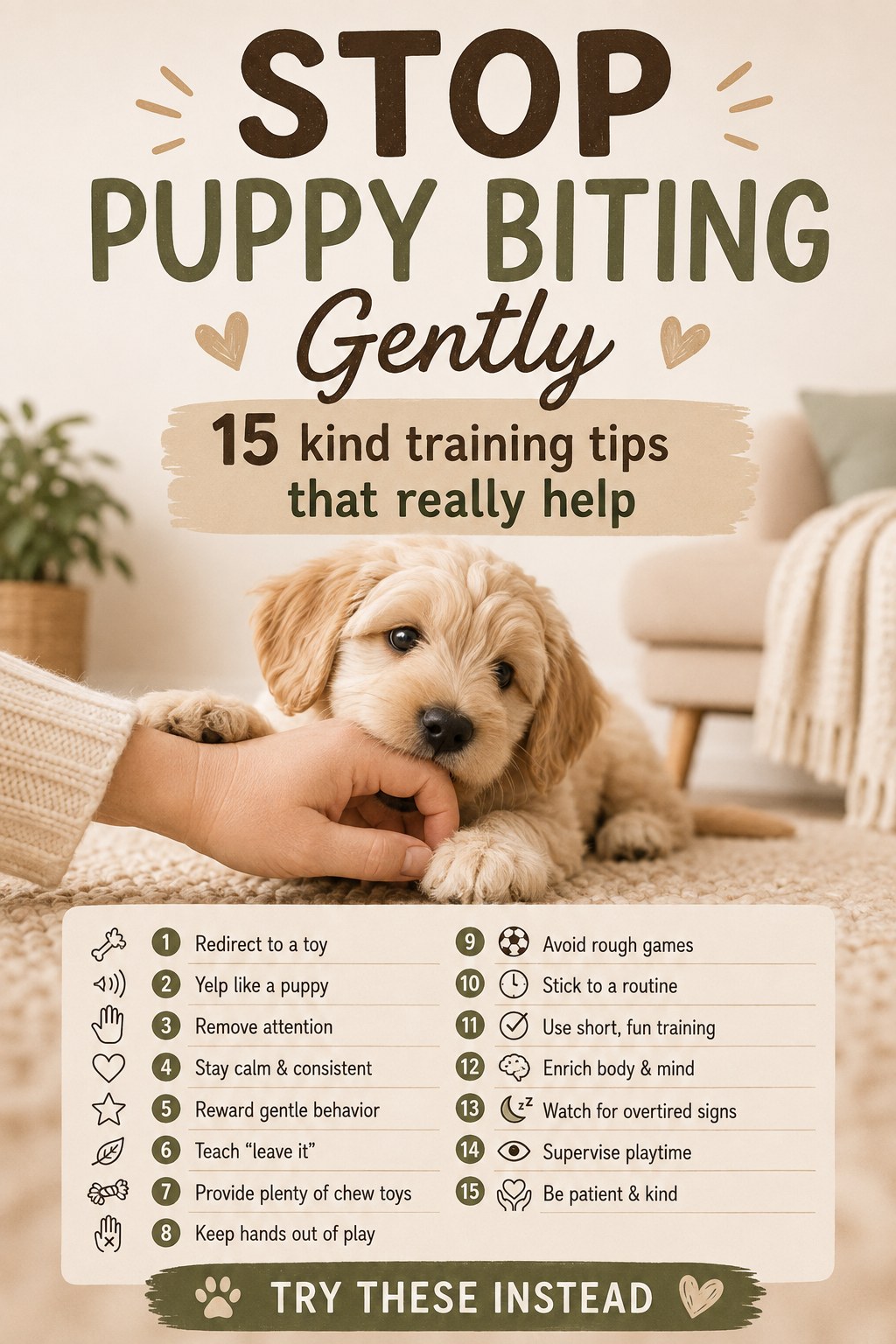 Hand gently touching a puppy's mouth beside a list of gentle puppy biting training tips