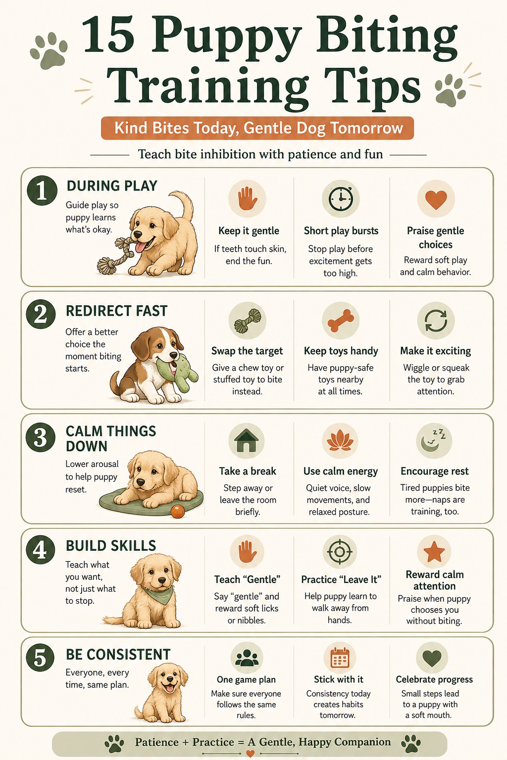 Infographic outlining five puppy biting training tips for gentle, structured play sessions