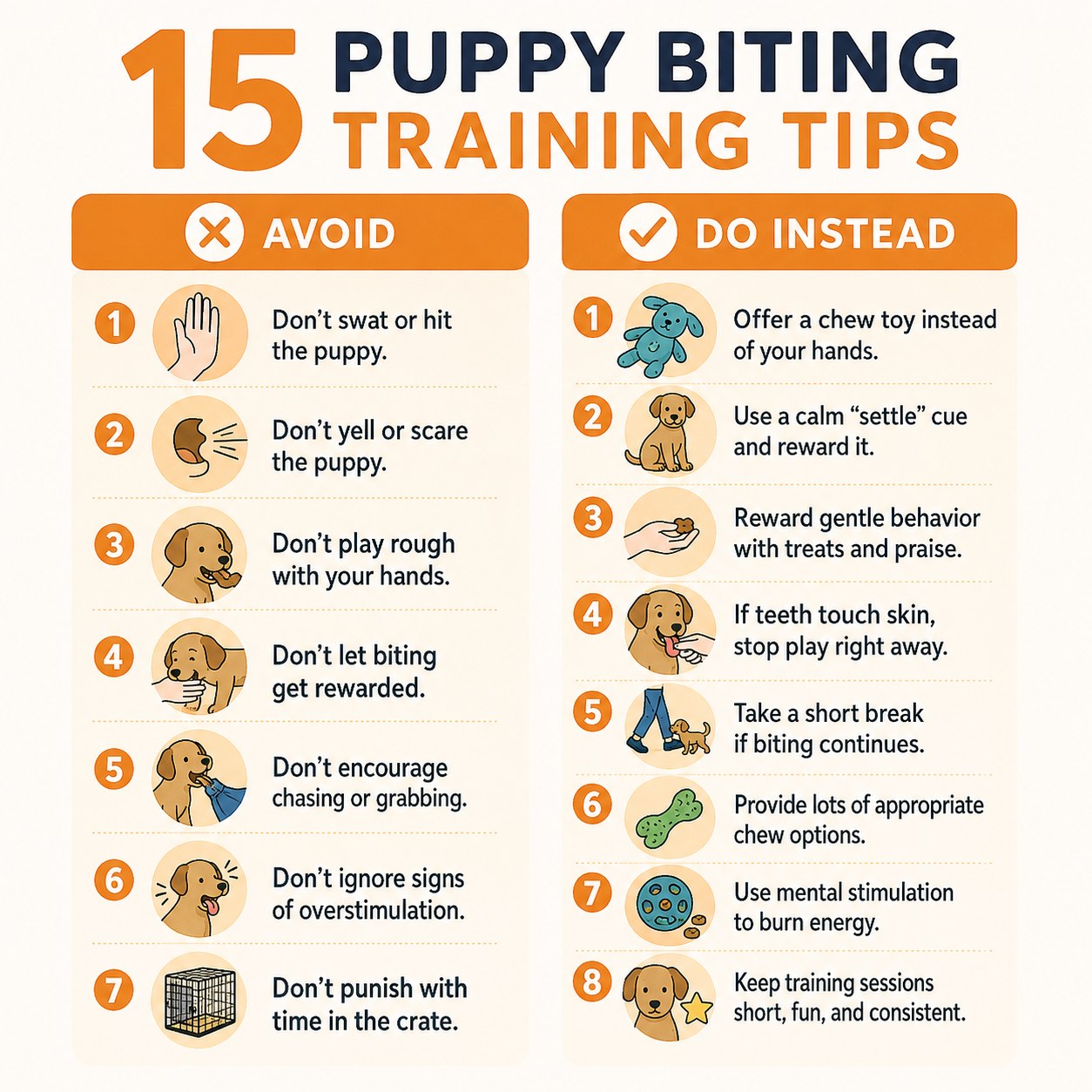 Avoid versus do-instead chart comparing force-free puppy biting training tips for owners