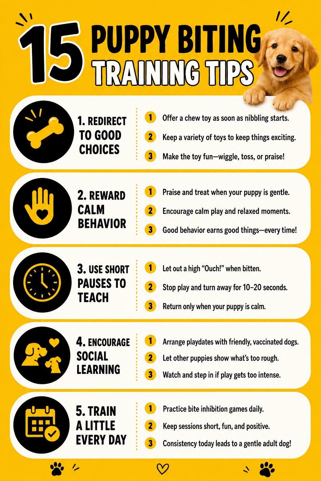 Yellow infographic listing five puppy biting training tips from redirect to daily practice