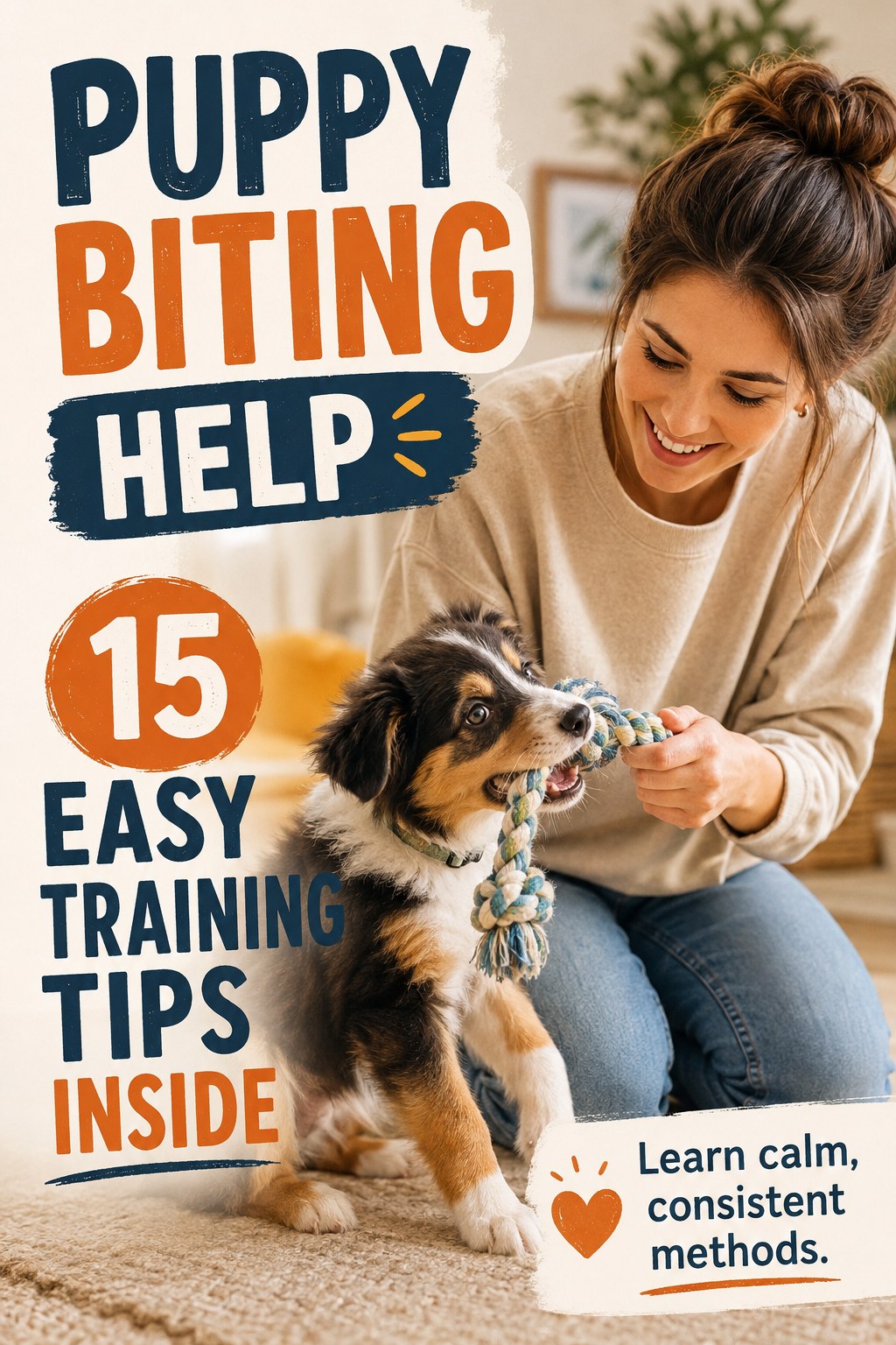Woman playing tug with a puppy demonstrates calm, consistent puppy biting training methods