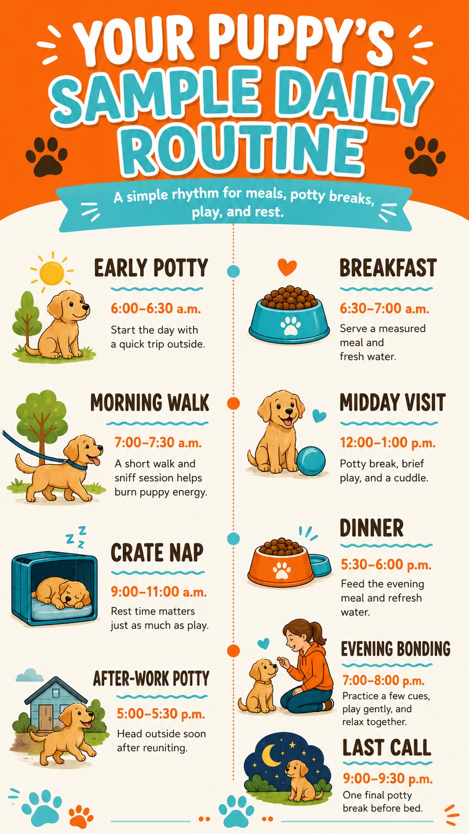 A sample puppy daily routine with hour-by-hour potty breaks, meals, walks, and crate naps.