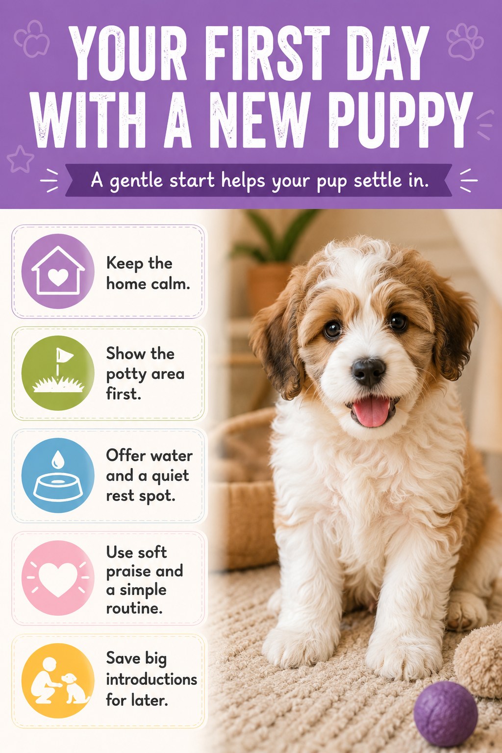A first-day-home checklist showing how to welcome a new puppy with a calm, simple routine.