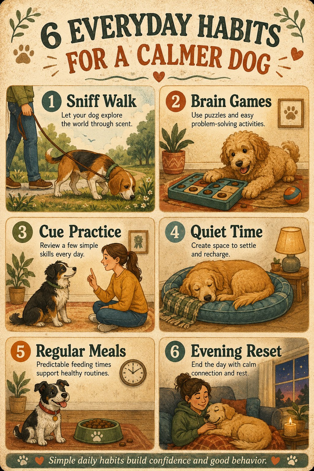 Six everyday habits for a calmer dog, including sniff walks, brain games, and quiet time.