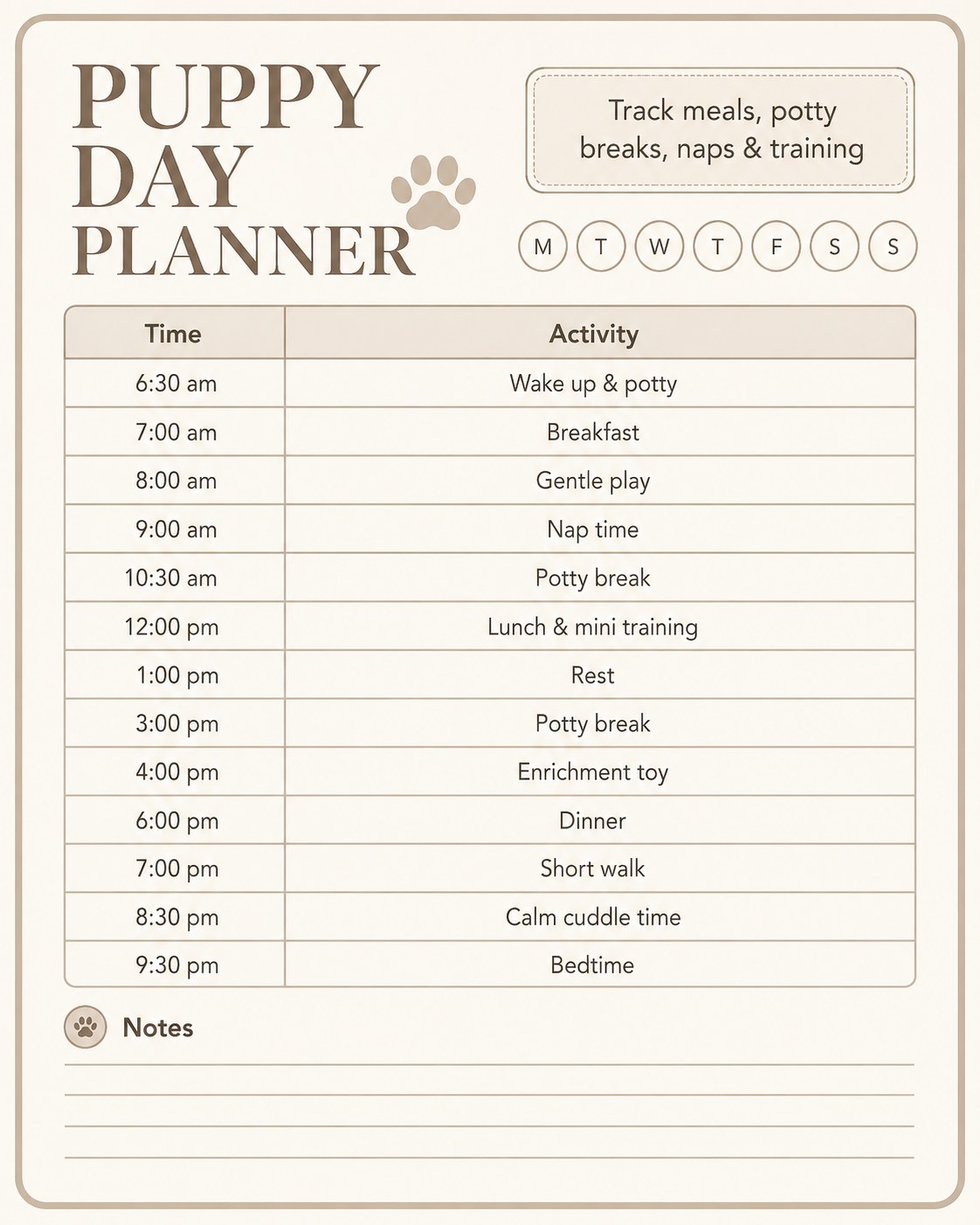 A printable puppy day planner for tracking a puppy daily routine of meals, potty breaks, and naps.