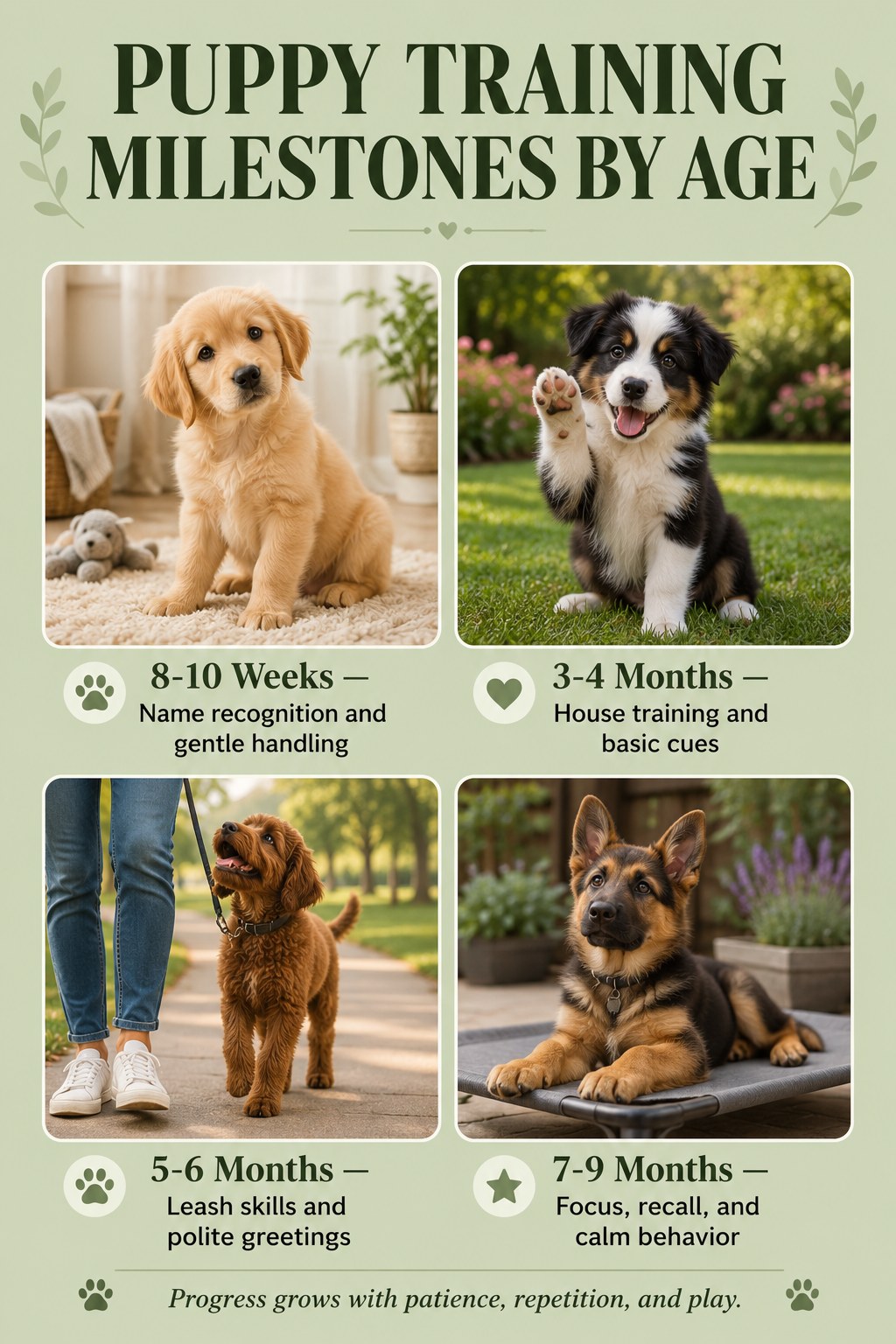 A puppy training milestones chart showing a puppy daily routine's progress from eight weeks to nine months.