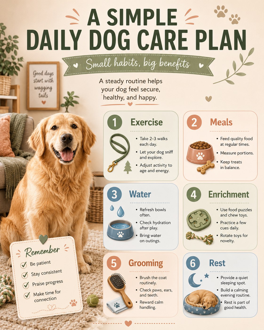 A daily dog care plan chart showing exercise, meals, water, enrichment, grooming, and rest.