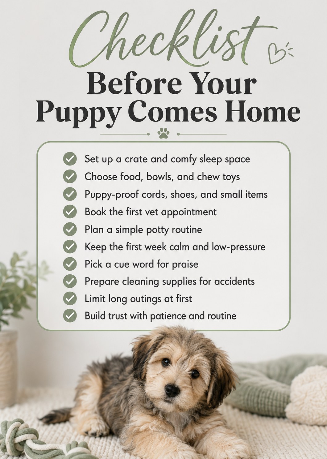 A checklist of everything to prepare before a puppy comes home, from crate setup to vet visits.