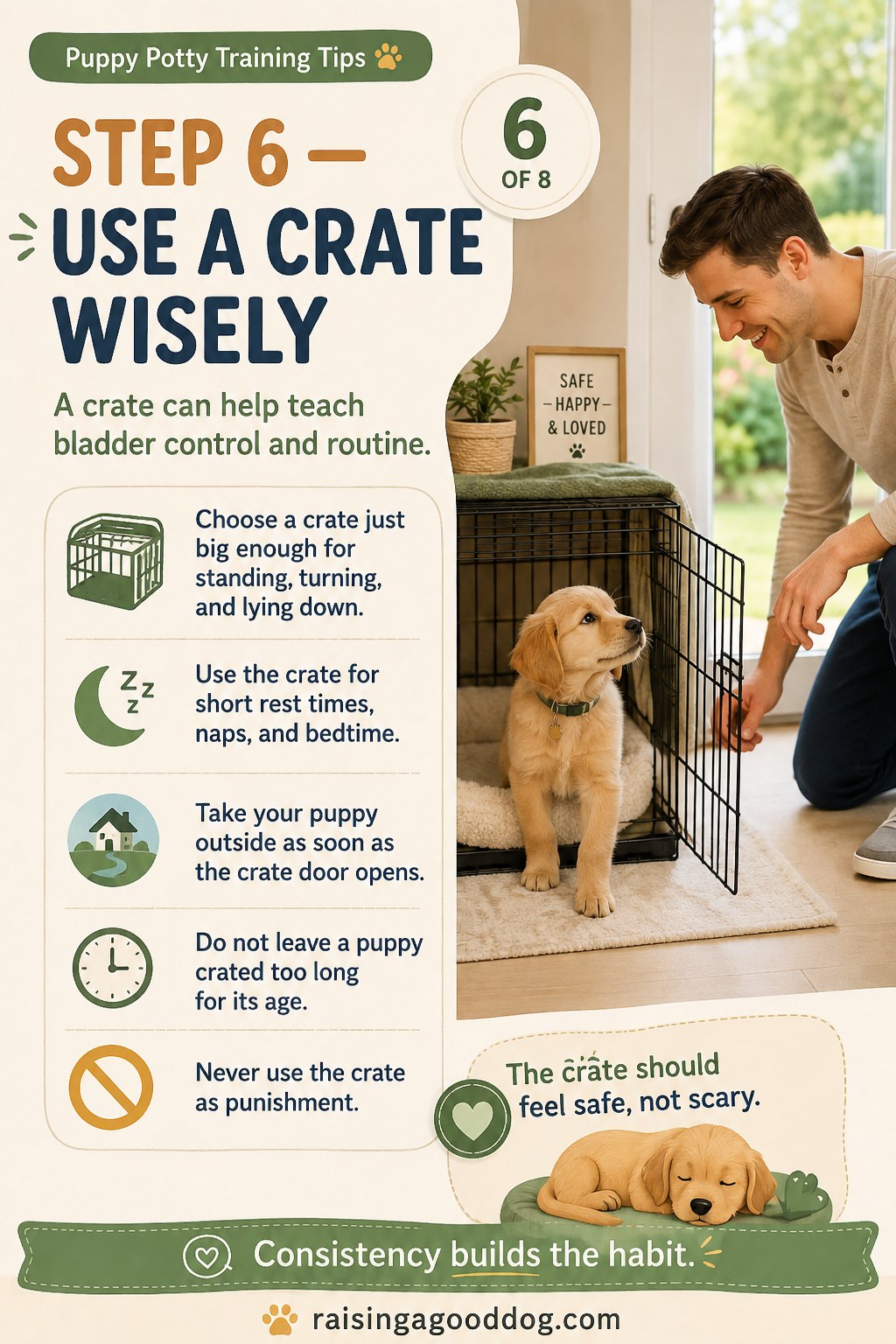 Puppy exploring an open wire crate used positively as part of a potty training routine