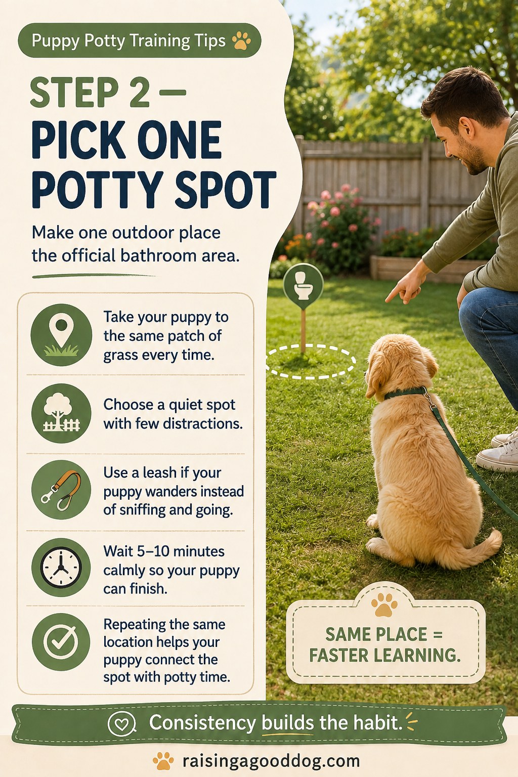 Puppy learning to use one designated potty spot in the yard during puppy potty training
