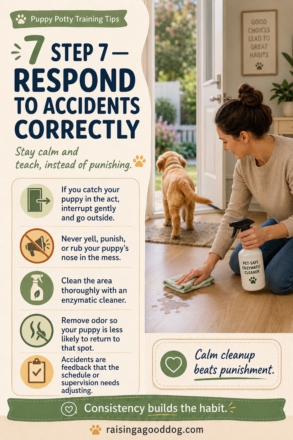 Woman calmly cleaning an indoor accident with enzymatic cleaner instead of punishing the puppy