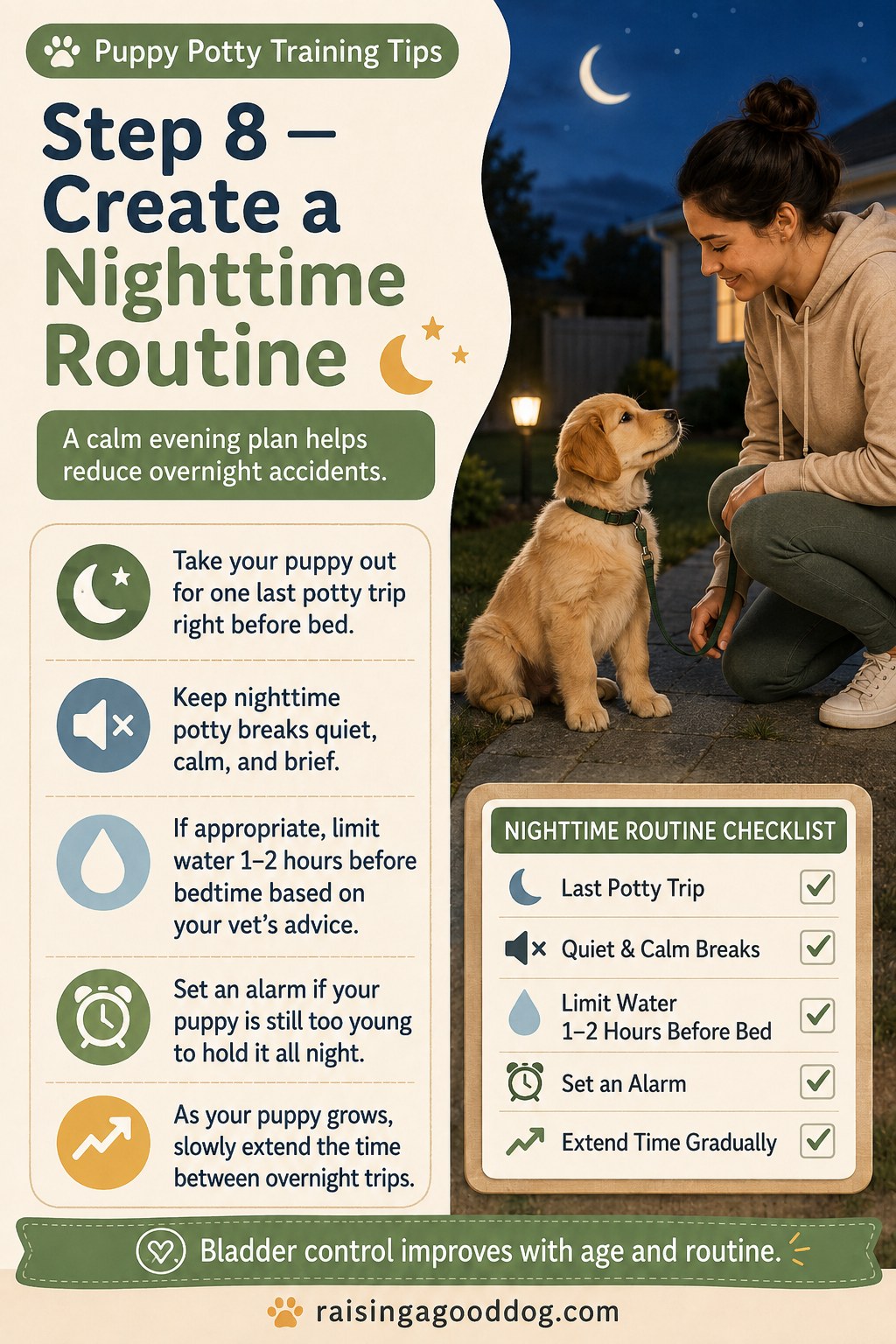 Owner taking her puppy out for one last calm nighttime potty trip under porch light