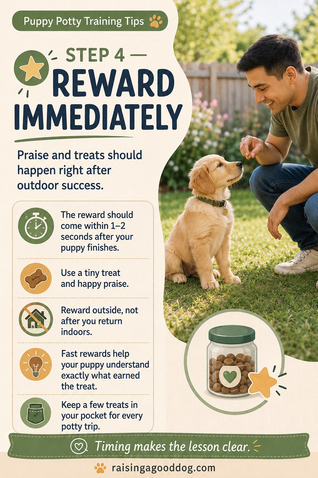 Puppy receiving an immediate treat reward right after a successful outdoor potty trip