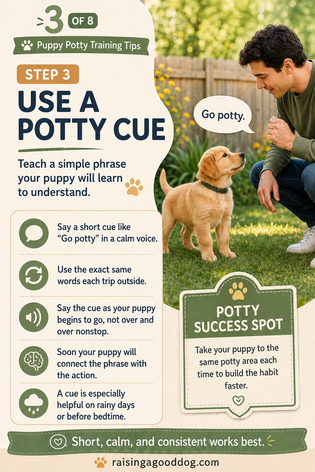 Man teaching a calm potty cue phrase to his puppy outdoors during a training session
